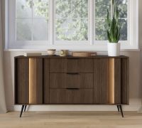 Ladekast / commode | Kleur: eiken Dunin | 3 lades | incl. LED verlichting | 154 x 40 x 83 cm | 2 deuren | Soft-Close functie | 4 vakken | sideboard | slanke metaal poten