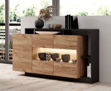 Ladekast / commode | Kleur: eiken Gold Craft / antraciet | 2 glasdeuren | 1 houten deur | 155 x 44 x 94 cm | 5 vakken | sideboard | greeploos systeem | ABS-randen