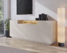 Ladekast / commode | Kleur: beige / eiken Cremona | 4 draaideuren | incl. LED verlichting | 9 vakken | 203 x 40 x 83 cm | Push-to-open-functie | Sideboard | ABS-randen