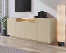 Ladekast / commode | Kleur: cacao / eiken Cremona | 4 draaideuren | incl. LED verlichting | 9 vakken | 203 x 40 x 83 cm | Push-to-open-functie | Sideboard | ABS-randen