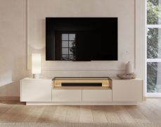 TV-onderkast | Kleur: beige / eiken Cremona | 2 draaideuren | incl. LED verlichting | 3 vakken | 203 x 40 x 43 cm | Push-to-open-functie | TV-meubel | 2 lades