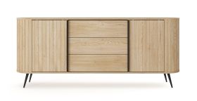 Kommode | 2 Schiebetüren | Farbe: Eiche Cremona | 3 Schubladen | Push-to-open Funktion | 196 x 40 x 82 cm | abgerundete Seiten | 4 Fächer | ABS-Kanten
