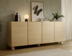 Kommode | 4 Türen | Farbe: Eiche Vicenza | 8 Fächer | Push-to-open Funktion | 200 x 38 x 80 cm | Sideboard | ABS-Kanten | Holzbeine | weiche Linien