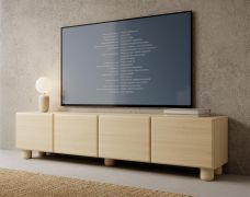 TV-onderkast | 4 klapdeuren | Kleur: eiken Vicenza | Push-to-open-functie | 200 x 38 x 47 cm | 4 vakken | ABS-randen | Houten poten | TV-meubel