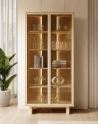 Vitrine kast | Kleur: geolied eiken | Push-to-open-functie | 2 glazen deuren | incl. LED verlichting | 5 vakken | 94 x 38 x 195 cm | voor de woonkamer