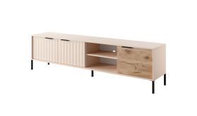TV-onderkast met drie deuren Fouchana 05, kleur: Beige / Viking eik - Afmetingen: 53 x 203 x 39,5 cm (H x B x D)