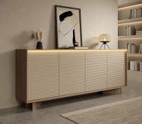 Ladekast / commode | Kleur: onbehandeld / Cappuccino | 3 draaideuren | 8 vakken | Push-to-open-functie | incl. LED verlichting | 204 x 40 x 85 cm | Sideboard