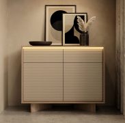 Ladekast / commode | Kleur: onbehandeld / cappuccino | 2 draaideuren | 4 vakken | 2 lades | Push-to-open-functie | incl. LED verlichting | 104 x 40 x 85 cm