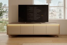 TV-onderkast / kleur: Bolivar onbehandeld / Cappuccino / 4 draaideuren / 4 vakken / push-to-open functie / incl. LED verlichting / 204 x 40 x 55 cm / TV-meubel