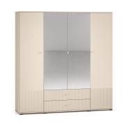 Brede kledingkast met twee spiegeldeuren Petkula 23, kleur: lichtbeige, met modern lattenbodemdesign, 2 meter breed, twee laden, soft-close functie