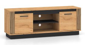 TV-onderkast met twee kabelgaten Dagali 08, kleur: eiken / zwart, twee deuren, vier vakken, soft-close functie, ABS randbescherming