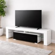 TV-onderkast Zolvini / Wit/zwart hoogglans / 140 x 35 x 47,5 cm / groot kiep- kantelvak / Push to Open / Robuust en duurzaam / volledig gelakt