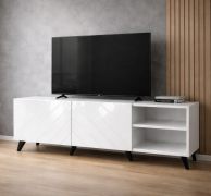 TV-onderkast Zolvane 1.5 / wit hoogglans / 150 x 42 x 53,5 cm / 6 vakken / 2 deuren / Handgreeploos design / decoratief geometrisch front