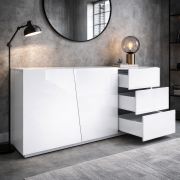 Ladekast / sideboard Beldran / Witte UV-hoogglanslak / Push-to-open / 3 lades / 2 deuren / 2 vakken / 180 x 43 x 87 cm
