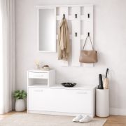 Complete kapstok / garderobe - Set Kelvini / Wit / Schoenenkast met 3 vakken en een lade / Kapstok / garderobe met spiegel / 6 haken / veel opbergruimte