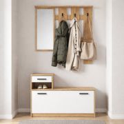 Complete kapstok / garderobe - Kelvini-set / Kleur: Sonoma / Wit / Schoenenkast met 3 vakken en een lade / Kapstok / garderobe met spiegel / 6 haken / veel opbergruimte