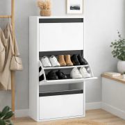 Schoenenkast Palvudo / Kleur: hoogglans wit / zwart / 3 kiep- kantelvakken / ruimtewonder / veel opbergruimte / zwarte sierlijnen / 50 x 27 x 126 cm