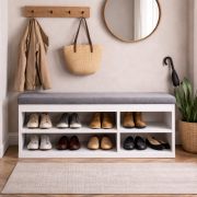 Bankje met opbergruimte / schoenenkast 100 / Kleur: Nimfea alba / 4 vakken / zachte grijze stoffen bekleding / 100 x 32 x 48,6 cm / opklap zitting bankje