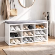 Bankje met opbergruimte / schoenenkast 80 / Kleur: Nimfea alba / 9 vakken / zachte grijze stoffen bekleding / 80 x 30 x 50 cm / stevige constructie