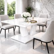 Eettafel Monzelo / Kleur: hoogglans wit / Tafelblad van 32 mm dik / voor 6 personen / 160 x 90 x 75 cm / V-vormige middenpoot / maximale beenruimte
