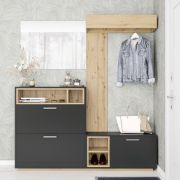Complete kapstok / garderobe - Set Zonza / Kleur: Artisan eiken/antraciet / 2 vakken met kantelbare schoenenplanken / 6 vakken / 2 kledingstangen / 177 x 32 x 195 / grote schappen