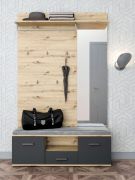 Kapstok / garderobe Lavon / Kleur: Artisan eiken/antraciet / Zitbank / Kledingstang / Grote spiegel / Voorruimte / 1 lade / 5 vakken / Hal / 130 x 39 x 200 cm