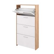 Schoenenkast Belvun 4 / Kleur: Artisan eiken/mat wit / 4 kiep- kantelvakken / veel opbergruimte op een klein oppervlak / 69 x 25 x 151 cm / ingang / garderobe / hal