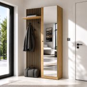 Complete kapstok / garderobe set Miavorla 2 / Kleur: Artisan eiken/zwart / Legplank / 3 haken / grote spiegel / 100 x 40 x 198,5 cm / Kast met 4 vakken