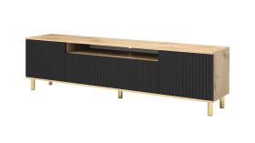 Moderne TV-onderkast Cienequillas 01, kleur: Artisan eiken / zwart, push-to-open-functie, poten: goud, front: geribbeld, maten: 54 x 200 x 40 cm