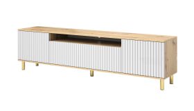 Hoogwaardige tv-kast / tv-meubel Cienequillas 04, kleur: Artisan eiken / wit, poten: goud, front: geribbeld, maten: 54 x 200 x 40 cm, modern design