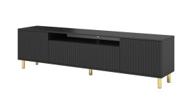 Donkere tv-kast / tv-meubel Cienequillas 10, kleur: zwart, poten: goud, modern, maten: 54 x 200 x 40 cm, front: geribbeld, hoogwaardige afwerking