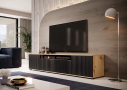 Elegant tv-meubel met geribbeld front Cienequillas 03, kleur: Artisan eiken / zwart, met lage poten, maten: 42 x 200 x 40 cm, modern en strak design