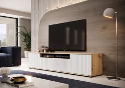TV-onderkast met geribbeld front Cienequillas 06, kleur: Artisan eiken / wit, push-to-open-functie, maten: 42 x 200 x 40 cm, één kabeldoorvoer, vier vakken