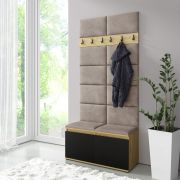 Garderobe 01 met bankje/gestoffeerde schoenenkast | 215 x 100 x 40 cm | Artisan/zwart/konijn | voor 8 paar schoenen | 6 jashaken | 4 vakken