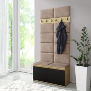 Kleine kapstok 01 met gestoffeerde bank | Schoenenkast voor 8 paar schoenen | 215 x 100 x 40 cm | Artisan/Zwart/Lichtbruin | 6 kledinghaken | 4 vakken