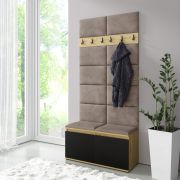 Kapstok / garderobe 01 met gestoffeerde bank, 1 meter breed | Artisan/Zwart/Mika | voor ongeveer 8 paar schoenen | 6 kledinghaken | 4 vakken | 2 klapdeuren