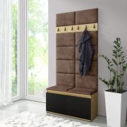 Kleine kapstok / garderobe 01 Bankje/schoenenkast, gestoffeerd | Kleur: Artisan/Zwart/Bruin | 215 x 100 x 40 cm | voor 8 paar schoenen | 6 kledinghaken | 4 vakken