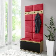 Kapstok / garderobe 01, 1 meter breed met gestoffeerde zitbank | Artisan/Zwart/Rood | Schoenenkast met 2 klapdeuren | voor 8 paar schoenen | 6 kledinghaken | 4 vakken