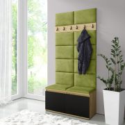 Garderobekast 01 met gestoffeerde panelen Bank & wand | Artisan/Zwart/Geelgroen | 215 x 100 x 40 cm | voor 8 paar schoenen | 6 jashaken | 4 vakken