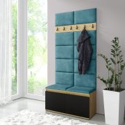 Kapstok / garderobe 01 voor ongeveer 8 paar schoenen | Artisan/zwart/turkoois | 215 x 100 x 40 cm | Gestoffeerde panelen op de bank en aan de wand | 6 kledinghaken | 4 vakken