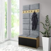 Kapstok / garderobe 01 met gestoffeerde bank/wand, Artisan/Zwart/Grijs, 215 x 100 x 40 cm, voor 8 paar schoenen, 6 kledinghaken, 4 vakken, schoenenkast