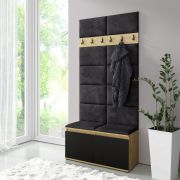 Garderobekast 01 met gestoffeerde bank en wand, Artisan/zwart/zwart, schoenenkast met 4 vakken, 215x100x40 cm, voor 8 paar schoenen, 6 jashaken