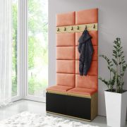 Kapstok / garderobe 01 met gestoffeerde bank, voor 8 paar schoenen, Artisan/zwart/oranje, 215 x 100 x 40 cm, 6 kledinghaken, schoenenkast met 4 vakken