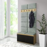 Kleine kapstok 01 met gestoffeerde panelen voor bank & muur, Artisan/zwart/mint, 215 x 100 x 40 cm, voor 8 paar schoenen, 6 jashaken, 4 vakken