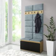 Kapstok / garderobe 01 met schoenenkast, 1 meter breedte, Artisan/Zwart/Aqua, voor 8 paar schoenen, 6 kledinghaken, 4 vakken, gestoffeerde panelen voor wand en zitbank