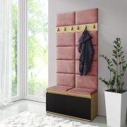 Kapstok / garderobe 01 met gestoffeerde bank/wand, Artisan/Zwart/Misty Rose, 215 x 100 x 40 cm, voor 8 paar schoenen, 6 kledinghaken, schoenenkast met 4 vakken