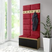 1 meter brede kapstok / garderobe 01 met gestoffeerde bank, voor 8 paar schoenen, Artisan/Zwart/Ruby Red, 215 x 100 x 40 cm, 6 kledinghaken, 4 grote vakken
