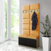 Kapstok / garderobe 01 met 6 kledinghaken en schoenenkast, Artisan/Zwart/Amber, 215 x 100 x 40 cm, voor 8 paar schoenen, 4 vakken, gestoffeerde bank/wand