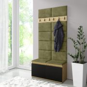 Ruimtebesparende kapstok / garderobe 01 met gestoffeerde bank/wand, Artisan/zwart/olijfgroen, 215 x 100 x 40 cm, voor 8 paar schoenen, 6 kledinghaken, 4 vakken