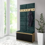 Kapstok / garderobe 01 met gestoffeerde panelen voor wand en zitbank, Artisan/Zwart/Bottle Green, 215 x 100 x 40 cm, voor 8 paar schoenen, 6 kledinghaken, 4 vakken